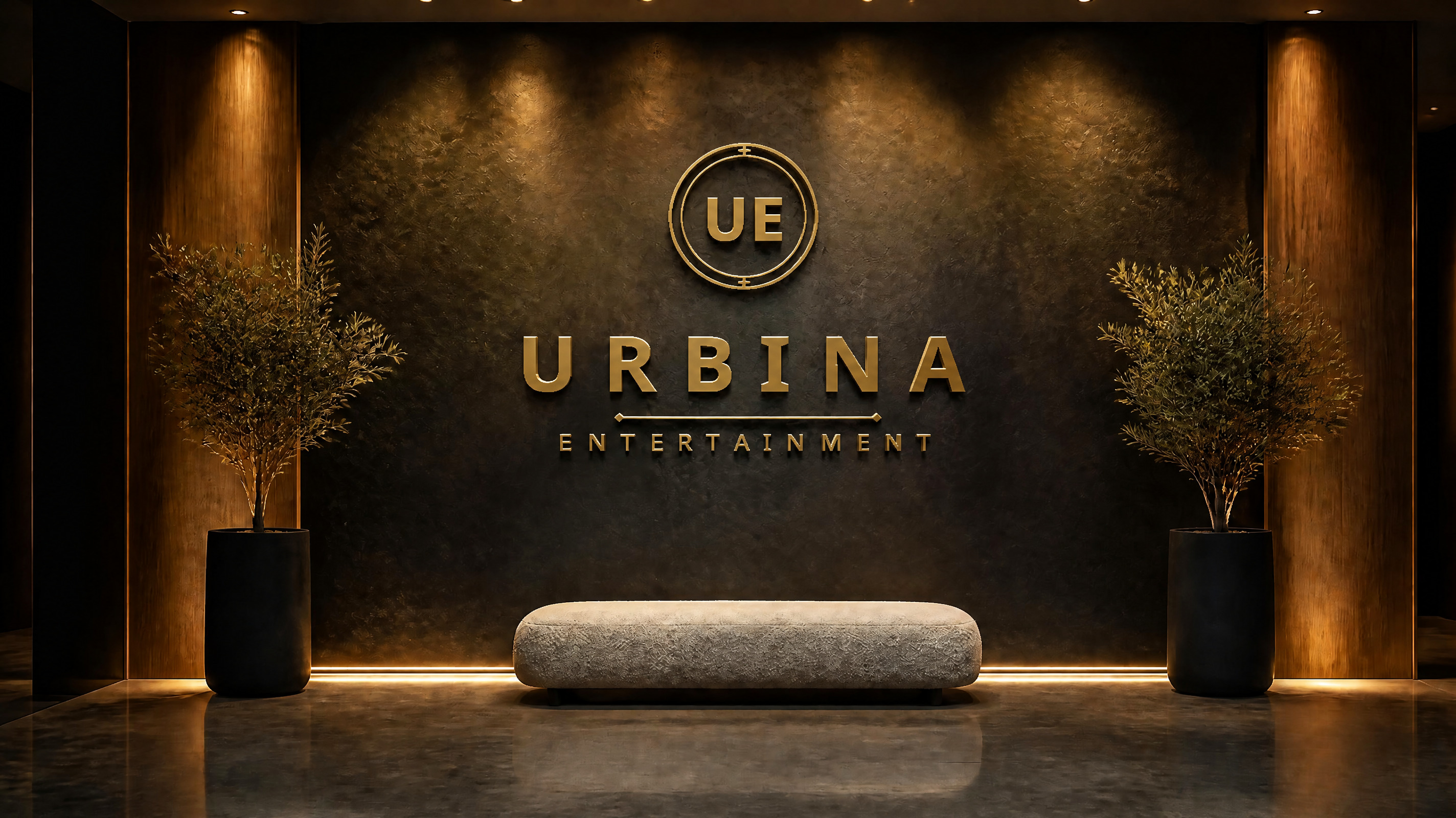 Urbina Entertainment reception with the company logo on the wall